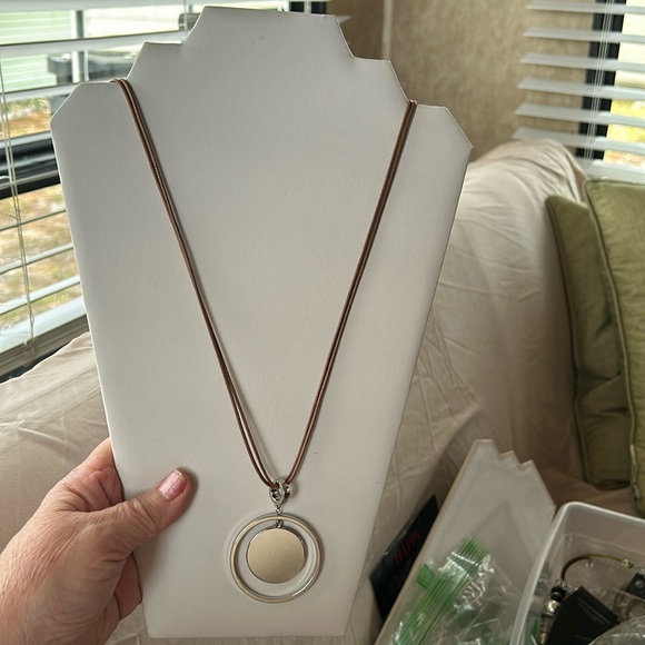 Silver and brown leather very long necklace - Picture 1 of 3